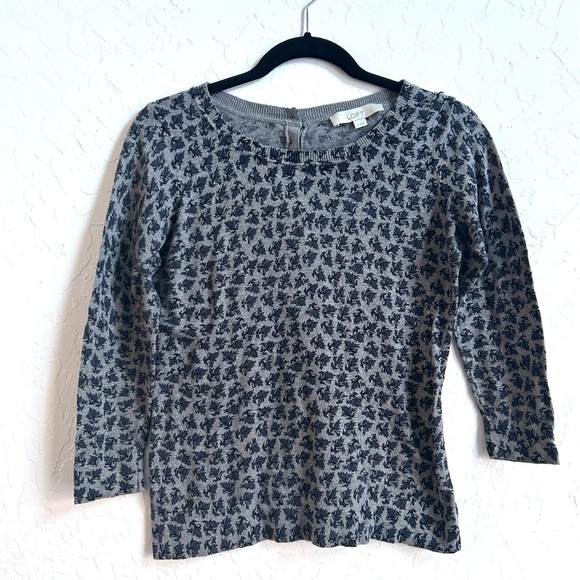 LOFT Tops - LOFT Gray Top with Black Leaf Pattern Long Sleeve